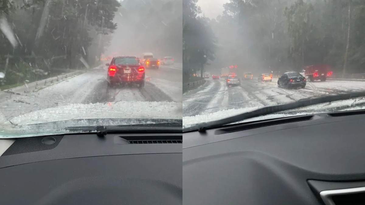 Fuerte lluvia con granizo cubrió de blanco la carretera México-Toluca. Foto: Saúl Hernández García
