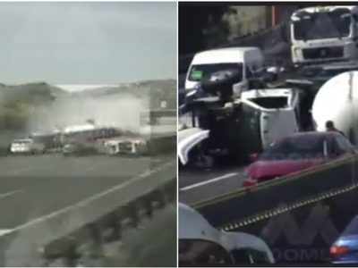 VIDEO Momento exacto de la volcadura de pipa en la México-Pachuca