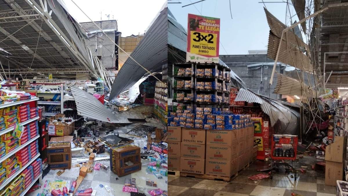 VIDEO Techo de Soriana Mixcoac se rompe por la lluvia y caída de granizo. Foto: Especial