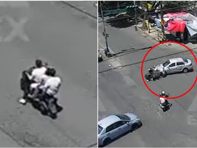 VIDEO ¡Sin casco! Familia en motocicleta choca contra auto en Naucalpan