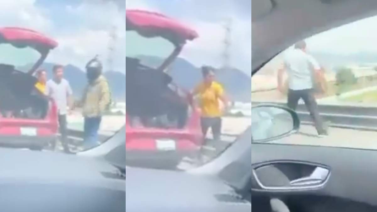 VIDEO Hombre pelea con repartidor y lo avienta de un puente. Foto: @erickyarid