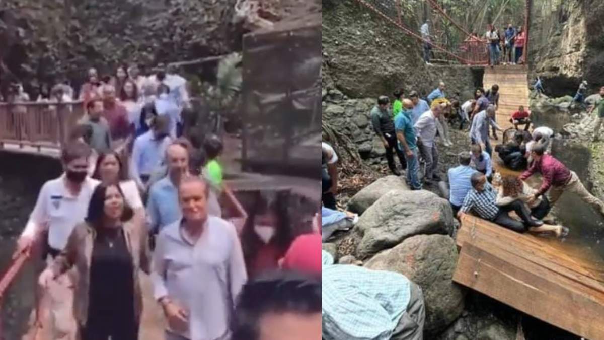 VIDEO Puente colgante en Cuernavaca se rompe justo cuando la gente pasaba. Foto: Captura de pantalla