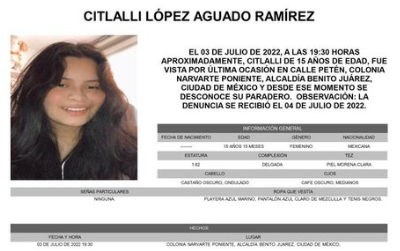 Buscan a Citlali, adolescente de 15 años desaparecida en CDMX
